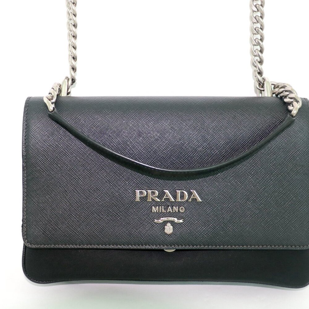PRADA Saffiano Tessuto Nylon Chain Shoulder Bag Black